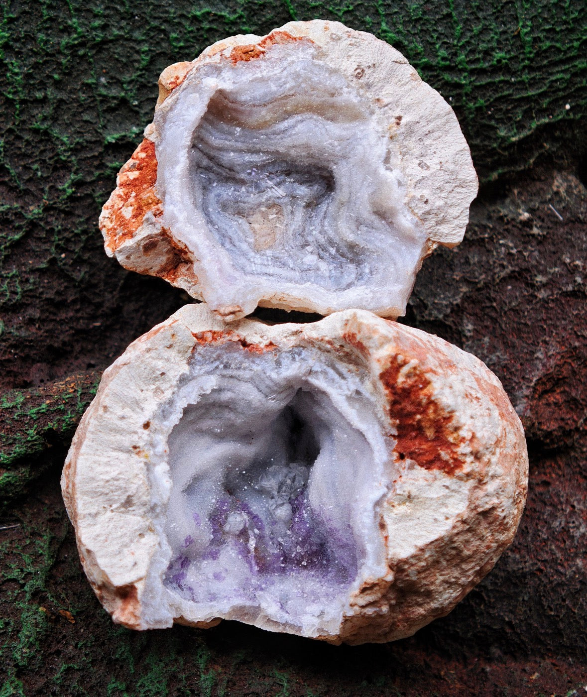 Druzy agate with amethyst two pieces