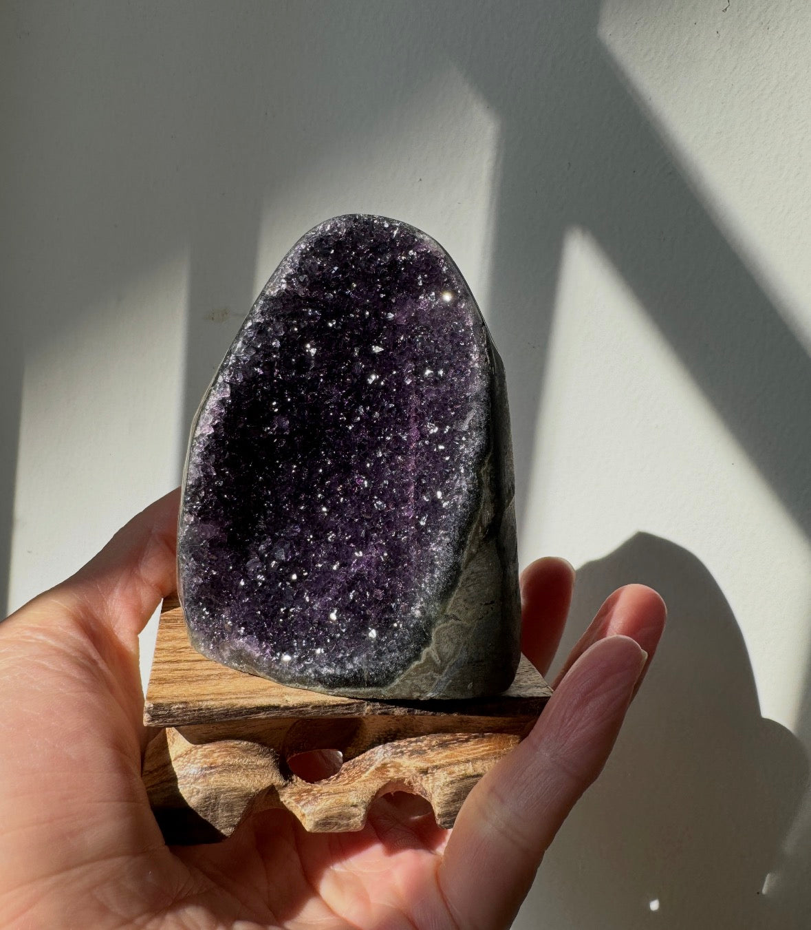 Amethyst geodes small freeform with wooden base